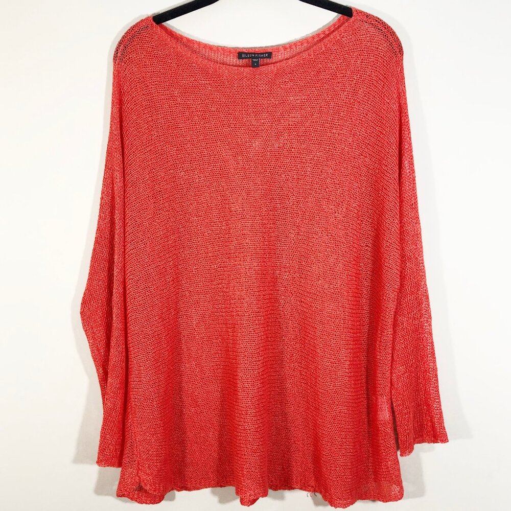 EILEEN FISHER Oversized Linen/Nylon Open-Knit Coral Lightweight Tunic Sweater S